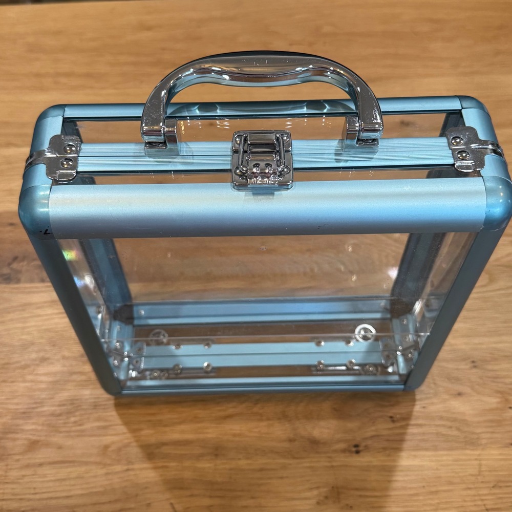 Clear Acrylic Makeup Train Case Blue Aluminum Frame Cantilever Tray Organizer - Picture 1 of 7
